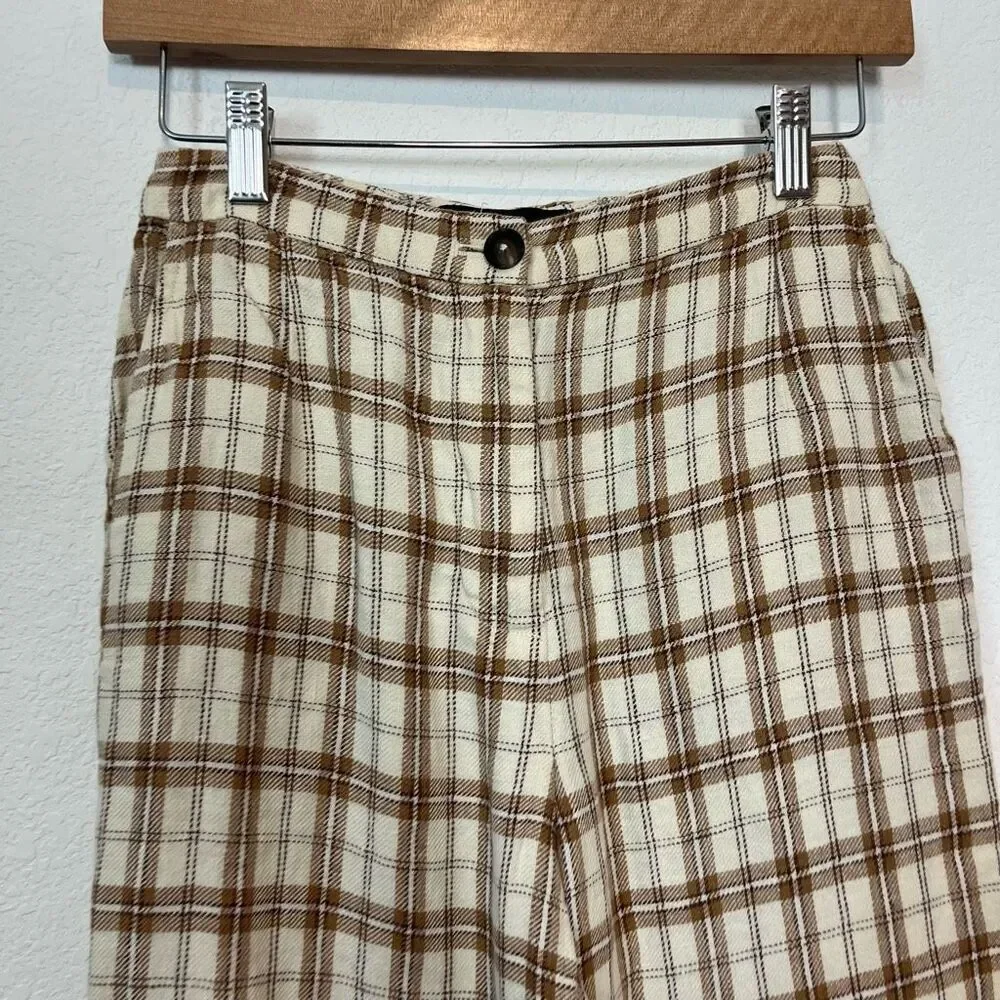 Reformation Verano Beige Plaid Cropped High Waisted Pants Women's Size 2